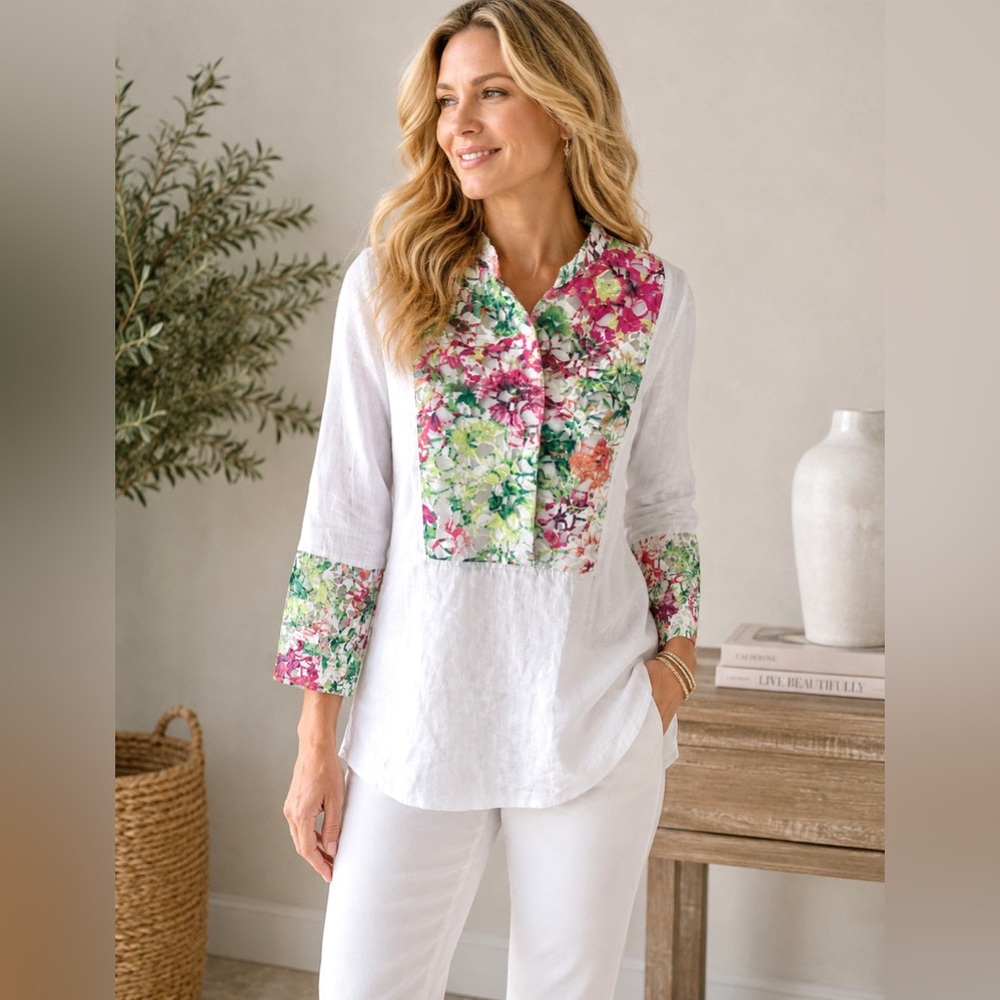 Soft Surroundings White Linen Garden Tunic Top Floral Lace Boho Size M
